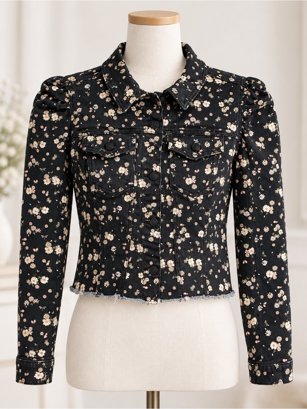Celebrity Pink Floral Cropped Denim Jacket Women’s Large Puff Sleeve Black